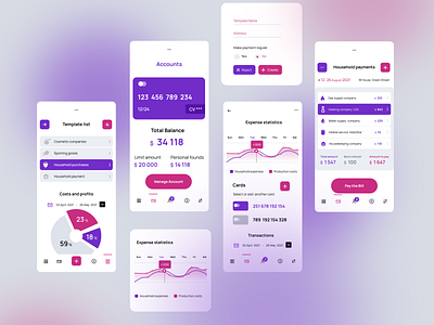 Banking Mobile & Web Application. Mobile page set. account page branding clean mobile design finance mobile design fintech design mobile apps mobile banking mobile design online banking pink design product design purple design saas applications statistic page ui ux web mobile apps