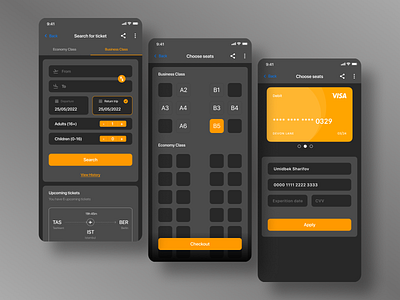Booking Avia Tickets (Dark Mode) by Umidbek Sharifov app design mobile ui ux