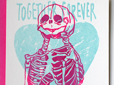 Letterpress Odd Valentines Card - Conjoined Fetal Skeleton creepy curiosities design illustration letterpress oddities pink printmaking skeleton teal weird