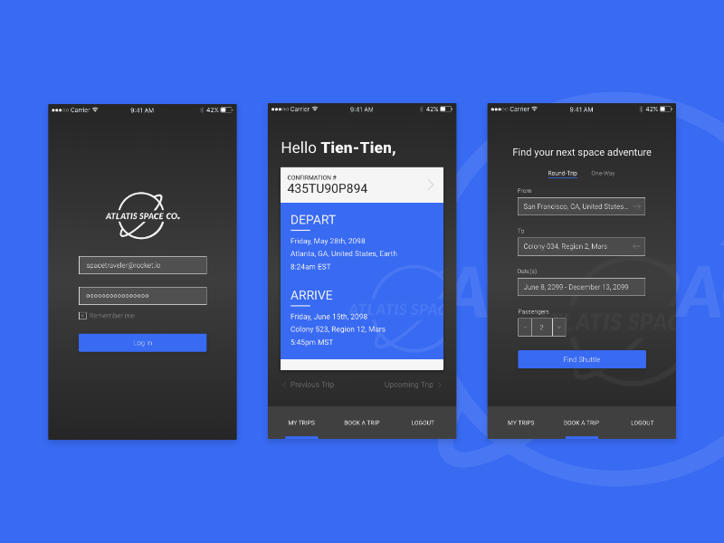 Atlatis Space Co. mobile design mobile space travel space ui design