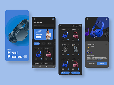 E-commerce headphone store mobile UI app blue branding darkmode design ecommerce headphone mobile mobile app mobile ui typography ui uiux ux webdesign