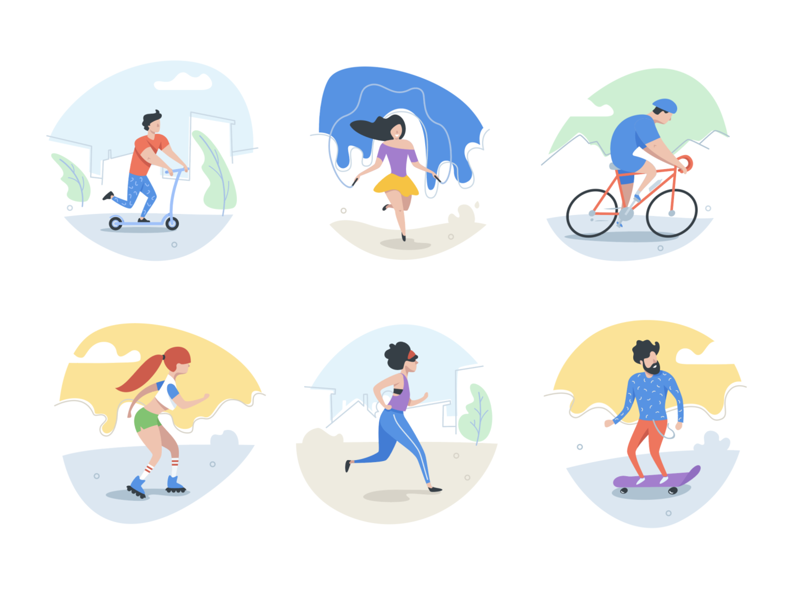 Outdoor activities - Pack 1 bicycle character flat illustration jogging outdoor running scooter skateboard sport sports vector