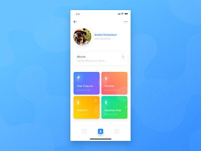 user profile page concept album cover app cards concept app gradient icon interests interface design iphone x mobile profile profile image search bar shadows shape layer skecth tabbar ui ux vector