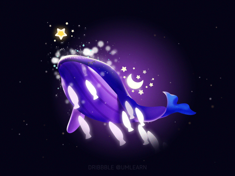 Good Night animation fish fly glow moon night particles star water whale