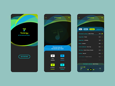 Tunergy animation app blue color conceptual design green green logo hue mobile mobile ui music music player player playlist product design prototype turquoise ui ux