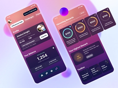 Sweatcoin Influencers Hub app app design colorful dark mode debut design design system finance app fitness framer gradient health healthcare interface kudos startup ui ux