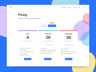 Pricing. call grid landing phone pricing sign up trial ui ux website