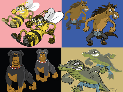 Pixel and fully rendered animals character design characters design logo pixel