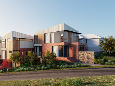 Exterior of modern townhouses in Australia 3d 3d modeling 3d view architectural visualization arhitecture australian cgi facade houses rendering street townhouse visualization