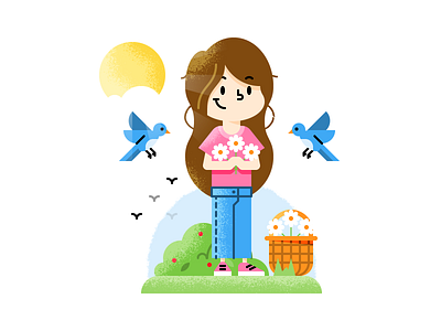 Picking Flowers adobeillustrator adobephotoshop art artwork birds brushes colored design dribbble flat design flowers grid illustration spring texture vector