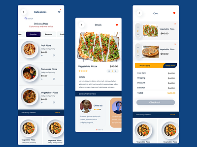PIZZA APP cart page category page design detail page figma food app mobile ui uiux