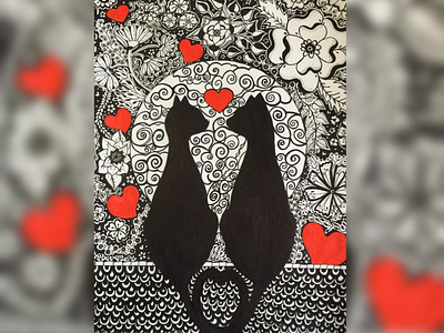 Love is in the air animal art blackandwhite cat heart love flower moon red swirl zentangle