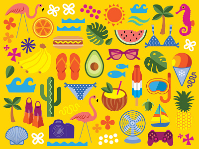 Happy Summer! avocado beach bright cactus flamingo floral fruit fun holiday icons illustration illustrator monstera summer sun vacation vector video games watermelon