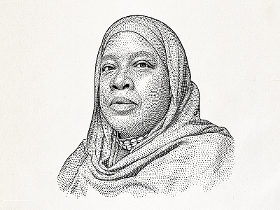 Stipple portrait of Asma Hanif blackwhite dotwork engraving hedcut illustration line art pen and ink portrait stipple woodcut