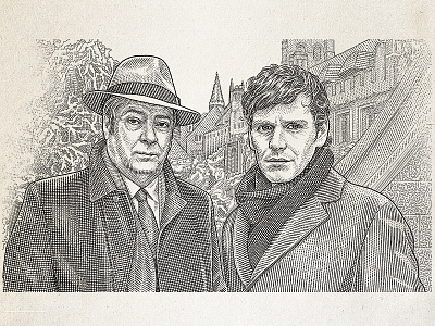 Endeavour TV series illustration engraving hedcut illustration ink line art pen and ink portrait stipple woodcut