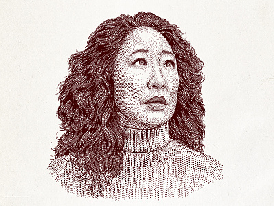 Stipple portait of Sandra Oh dotwork engraving hedcut illustration line art pen and ink portrait stipple