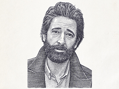 Stipple portrait of Adrien Brody engraving hedcut illustration ink pen and ink portrait stipple woodcut