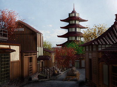 Japanese old street 3d animation blender branding design illustration logo scene ui vector