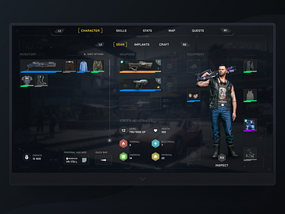 Cyberpunk 2077 character screen concept 2077 character clothes cyberpunk game game design games gaming interface inventory ui weapon