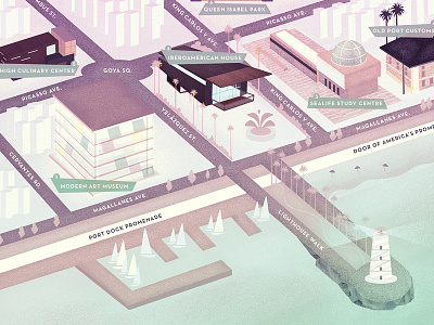 Map illustration architecture building coast illustration lighthouse map midcentury museum street texture water