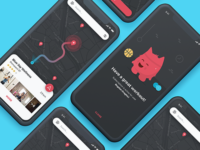 Gym network check-in app dark design flat gym interaction ios map minimal product ui ux