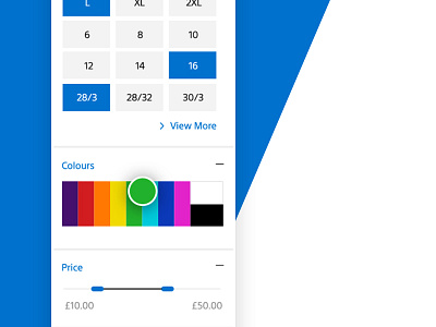 Filter Options colour custom ecommerce filters grid products rollover selection sizes swatches ux