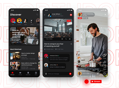 Tudor - Streaming Platform Mobile App beautiful ui dark mode design designer live streaming product design red colour red design sleek ui user experience user interface ux