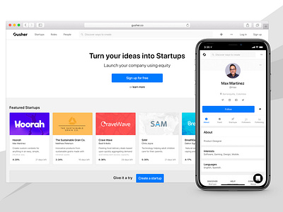 Gusher Startup Platform Front and Profile Page