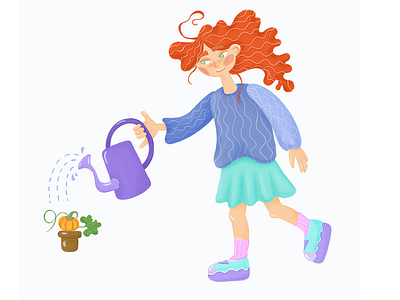 2/ Nurture 2d blue childrens digital girl illustration nature nurture plant red hair watering can