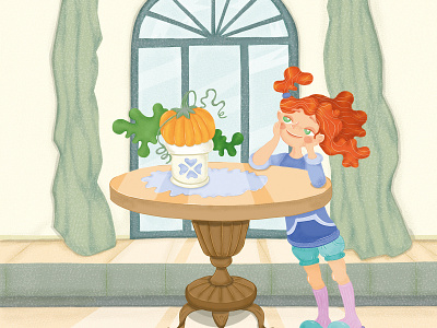 Childhood dream 2d art autamn backgroung blue book character childhood children digital girl green home illustration interior nature pumpkin red hair window