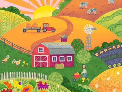 Farm Livin' is the Life for Me barn cows crops drawing farm farmer harvest illustration organic tractor