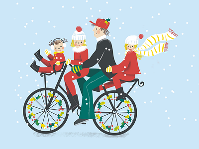 Merry merry! bike card christmas cute family greeting card holiday holly illustration snow