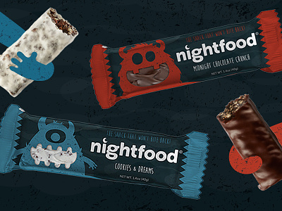 Nightfood Bars Packaging bars chocolate dicut flat food photography graphic illustration monsters packaging protein texture