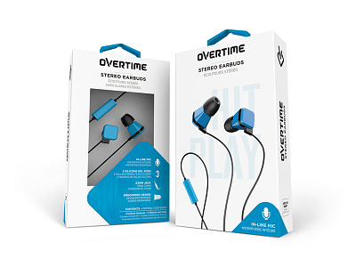 Overtime Earbud Packaging audio big type branding clean design diagonal die cut dynamic earbuds icons packaging technology