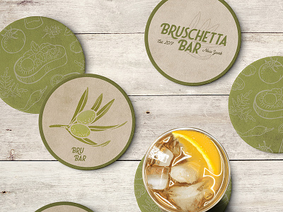 Bruschetta Branding bar branding bruschetta coasters etching green illustrations logo olive restaurant branding typography