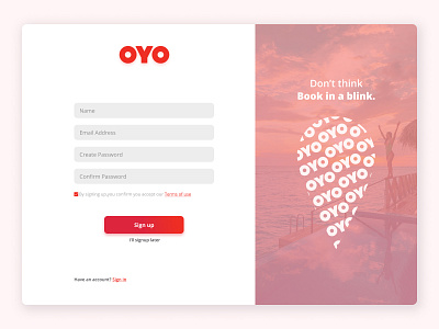 Sign up page of OYO branding graphic design ui