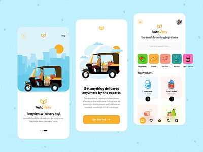 AutoVery- Auto Rickshaw Delivery App app app design auto buy concept covid19 design food fruits help lockdown logo minimal mobile product idea rickshaw service ui ux vegetables