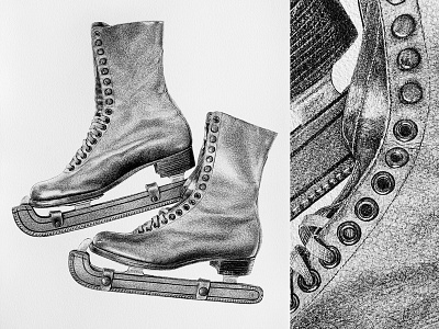 Winter is Coming! archival art black and white drawing hyperrealystic iceskates illustration ink pen on paper vintage