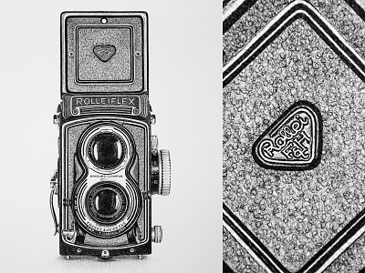 Rolleiflex T - Legendary Cameras Collection archival art black and white camera drawing hyperrealystic illustration ink pen on paper rolleiflex vintage