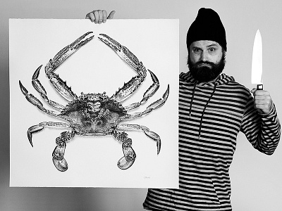 Fisherman's Friend archival ink art black and white crab drawing illustration knife pen on paper realistic seafood