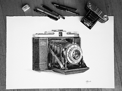 Legendary Camera Series - Zeiss Ikon Nettar archival art black and white camera drawing hyperrealystic ikon illustration ink nettar pen on paper vintage