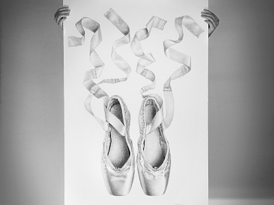 Pointe Ballet Shoes archival art ballet black and white dance drawing hyperrealystic illustration ink pen on paper pointe shoes