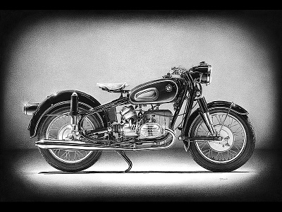 1955 BMW R50 bike black and white bmw drawing ink moto motorcycle pen on paper