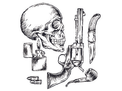 Bad To The Bone bad blackwhite blues bones guns illustration knife music pipe revolver skull