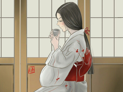 Tea Time anime animeart digitalart drawing girl illustration japanese kimono tea traditional