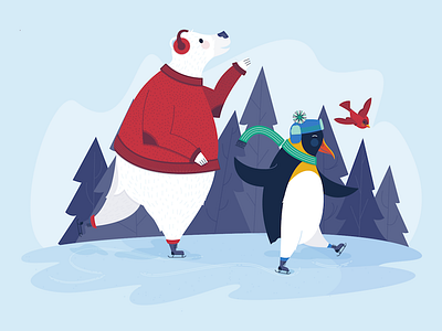 All I want for Christmas is... to draw some animals ice skating. bird bomber hat cardinal flying holidays ice skating ice sweater penguin polar bear scarf trees winter