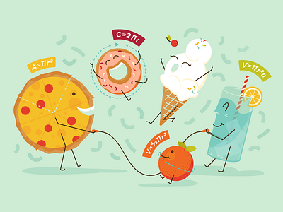 Pi! celebration cherry donut ice cream illustration jump rope orange pi pizza straw water