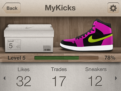 MyKicks iPhone App app design hyperisland ios iphone iphone4 keussen ma11kna nike retina shelf shoe ui wood