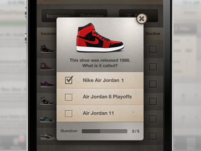 MyKicks Trivia app apple grey hyperisland interface ios iphone keussen mobile shoe ui