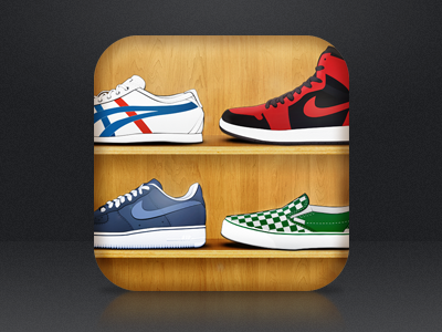MyKicks icon app apple design hyperisland icon ios iphone keussen logo mobile mykicks shelf shoe texture ui wood